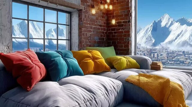 A cozy sofa with a pile of cushions, a folded blanket, a mug of tea, and a book. Snug, inviting, peaceful. The cushions are fluffed, the blanket folded, and the mug and book rest on a coffee table, wi