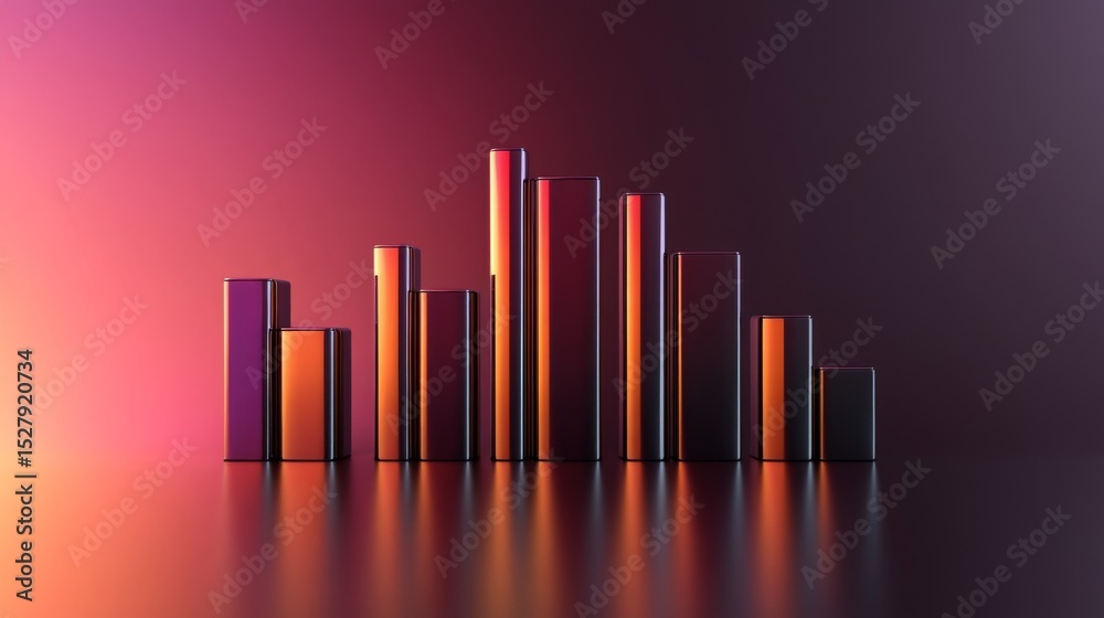 Aufkleber A visually striking D bar graph with reflective surfaces, showcasing various data sets in different heights, placed on a gradient background for a professional presentation.