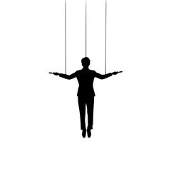 Obraz premium a black silhouette of a man hanging by strings on a white background black, hang, man, person, rope, silhouette, string, swing, woman , Generative art.