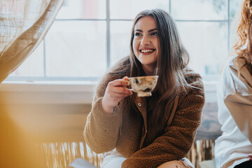 The image portrays a cheerful woman holding a decorated teacup, smiling warmly in a cozy indoor...