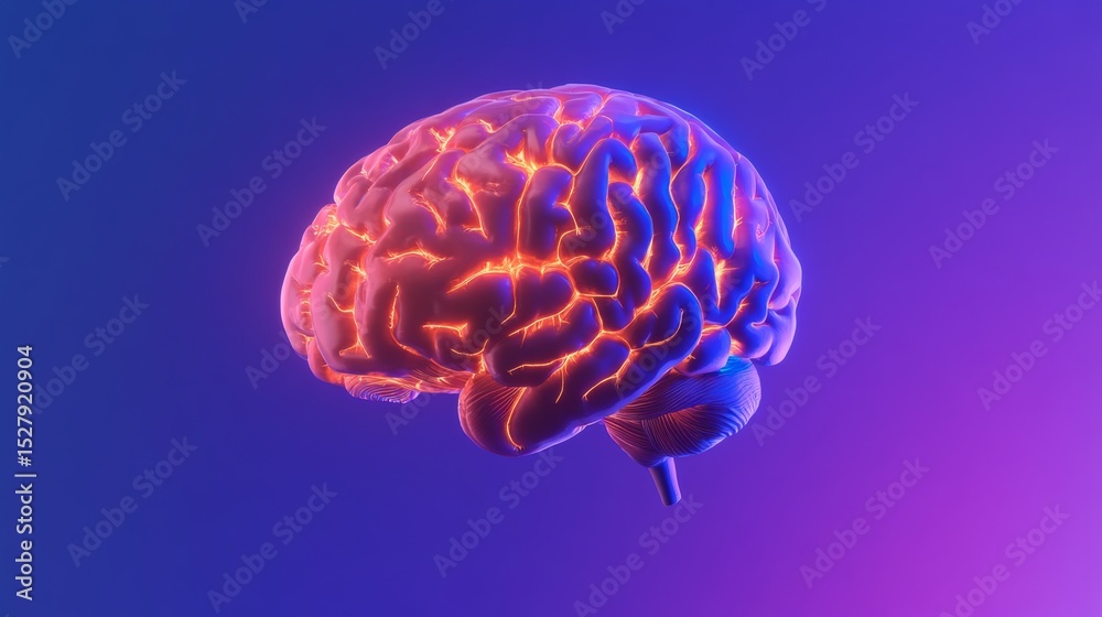 Aufkleber A visually striking D rendering of a human brain with glowing synapses and neural connections, set against a gradient background to emphasize its dynamic activity.