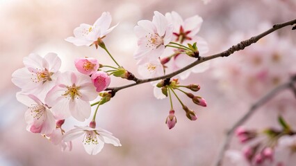 Obraz premium Cherry Blossom Branch: Delicate cherry blossoms in full bloom grace a slender branch, showcasing their soft pink petals against a blurred background.