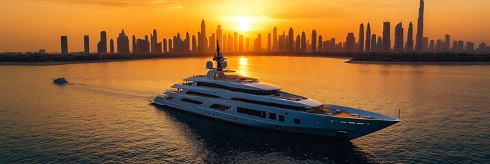 Large luxury yacht sailing in the ocean on city background at sunset