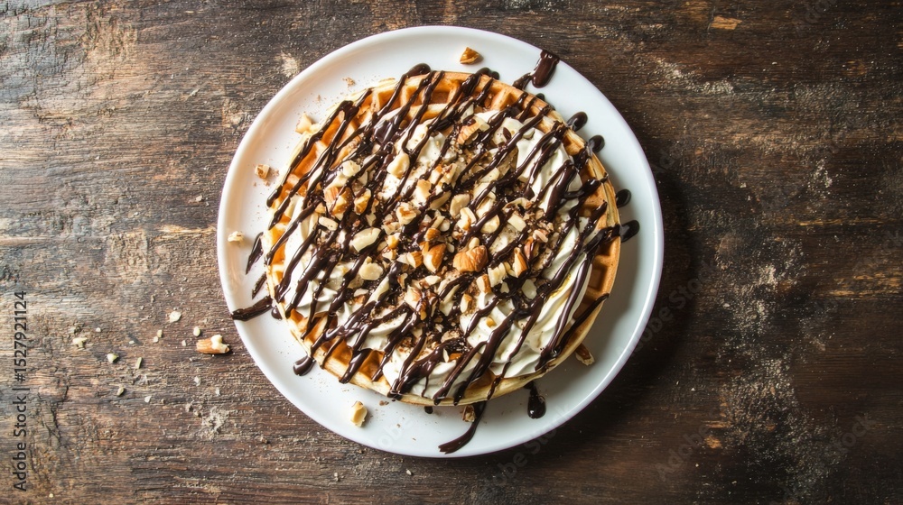 Poster a waffle covered in melted chocolate and crushed nuts, presented on a rustic wooden table with contr