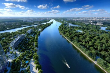 River flows through green landscape with urban skyline under bright blue sky