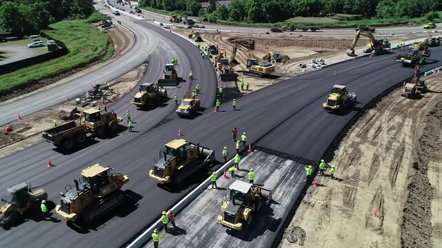 Construction workers paving a new road with heavy machinery  
