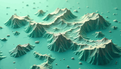 Teal Low Poly Mountain Range Island Aerial View