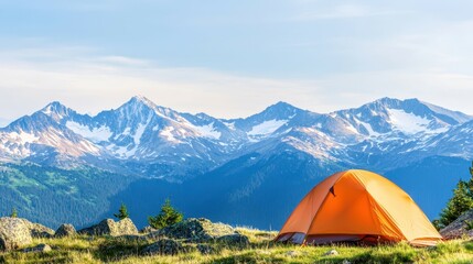 Camping Adventure: A vibrant orange tent sits amidst a breathtaking panorama of rugged mountains under a bright sky, inviting adventure and exploration.