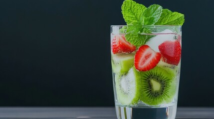 Refreshing Fruity Beverage: A vibrant glass of ice-cold drink, bursting with fresh kiwis, ripe strawberries, and fragrant mint, offers a tantalizing glimpse of summer relaxation.