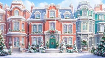 Snowy Christmas Street: A charming row of snow-covered Victorian-style houses adorned with festive Christmas decorations on a snowy street.