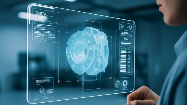 Woman engineer interact with a 3D holographic digital twin of mechanical components for analysis and diagnostics, showcasing futuristic machine design and repair visualization. - Powered by Adobe