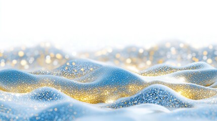 Glittering Snowscape: A serene view of fresh snow, delicately adorned with sparkling golden lights, evokes a sense of winter magic and peace.