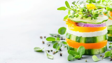 Vibrant Vegetable Tower: An artful, colorful tower of sliced fresh vegetables and herbs, a delicious display of healthy eating and culinary creativity.