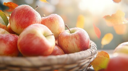 Autumn Apples in Wicker Basket: A rustic wicker basket brimming with crisp, ripe apples under falling leaves in autumn sunlight, evoking the cozy and bountiful spirit of the harvest season.