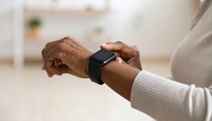 A close-up of a hand wearing a smartwatch, highlighting technology and personal fitness in a bright indoor setting.