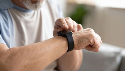 A senior man adjusts a smartwatch on his wrist, highlighting the intersection of technology and daily life.