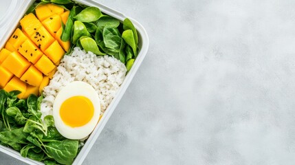 Freshness in a Bento Box: A vibrant assortment of ingredients, featuring juicy mango, fluffy rice, crisp spinach, and a perfectly boiled egg, artfully arranged in a bento box, presenting a healthy.