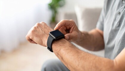 A person interacts with a smartwatch on their wrist, showcasing modern technology in a comfortable indoor setting.