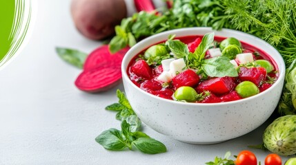 Vibrant Beetroot Delight: A captivating close-up of a hearty, freshly prepared beetroot soup, adorned with fresh ingredients, embodying the essence of a healthy and flavorful dish.