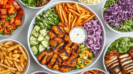Gourmet Delight: An overhead shot showcases a culinary masterpiece with an array of fresh ingredients artistically arranged around a central focal point. 