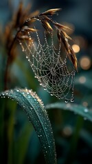 Dew-Covered Cocoon Wrapped in Spider Silk on Grass Blade