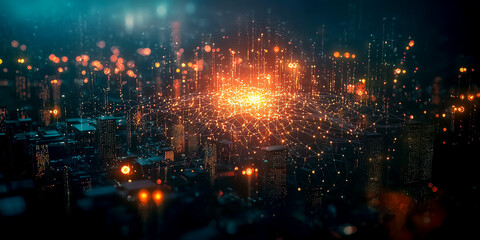 Fototapeta premium abstract concept of glowing neural network nodes connecting across a high-tech digital city - artificial intelligence and data flow concept