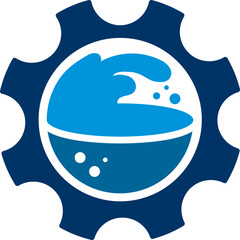Modern graphic illustrating blue gear encircling stylized liquid with bubbles. Represents innovation, technology, and fluidity. Ideal for water, cleaning,  engineering concepts.