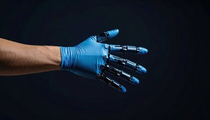 A robotic hand wearing a blue medical glove extends into the dark, showcasing a blend of technology and healthcare innovation.
