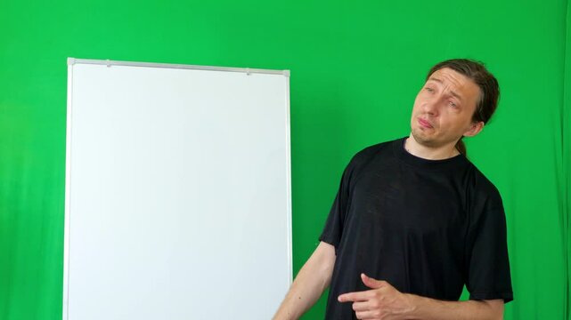 an informative and dynamic mood as a man, dressed as a cryptocurrency explainer, gestures with his hands while standing next to a whiteboard, ideal for visual explanations against a green screen