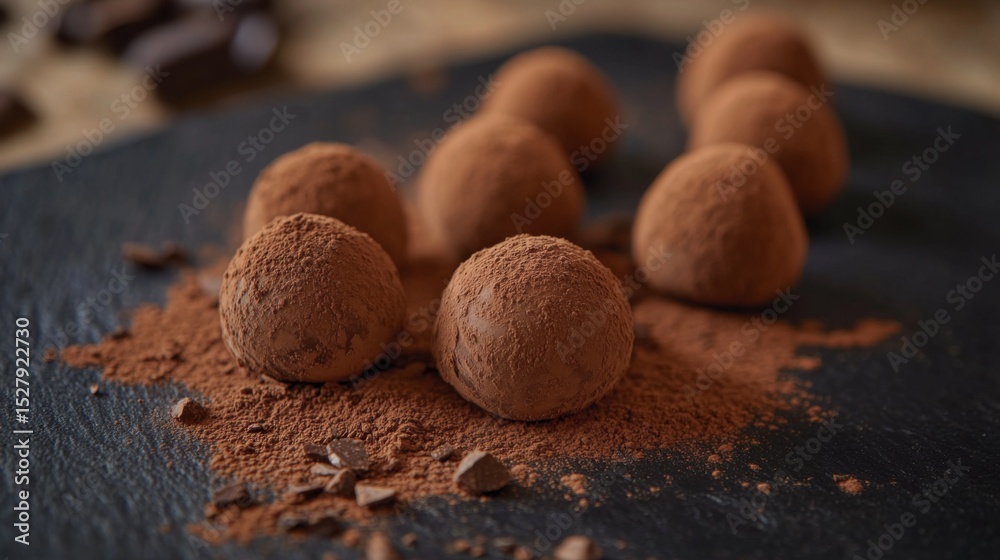 Poster chocolate truffles dusted with cocoa powder, arranged elegantly on a dark slate, rich texture and de