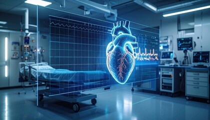 A futuristic hospital room displays a digital heart model and vital signs, showcasing advanced medical technology and patient care.