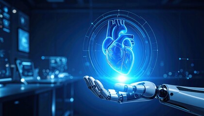 A futuristic robotic hand holds a glowing digital heart, symbolizing the intersection of technology and human emotion.