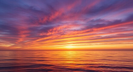 Breathtaking scenic view of a vibrant sunset over the calm ocean with colorful clouds