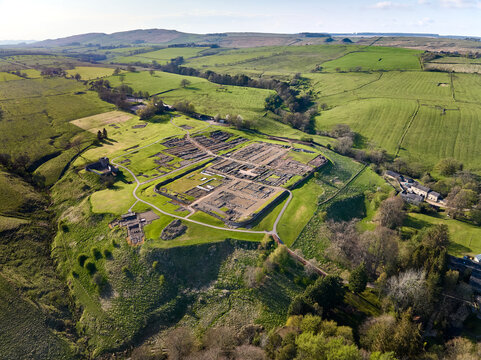 aerial view of roman Vindoland Fort at the Hadrian's wall in Northumberland, UK