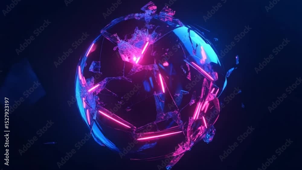Wall mural abstract futuristic sphere with broken glass and neon lights animation loop