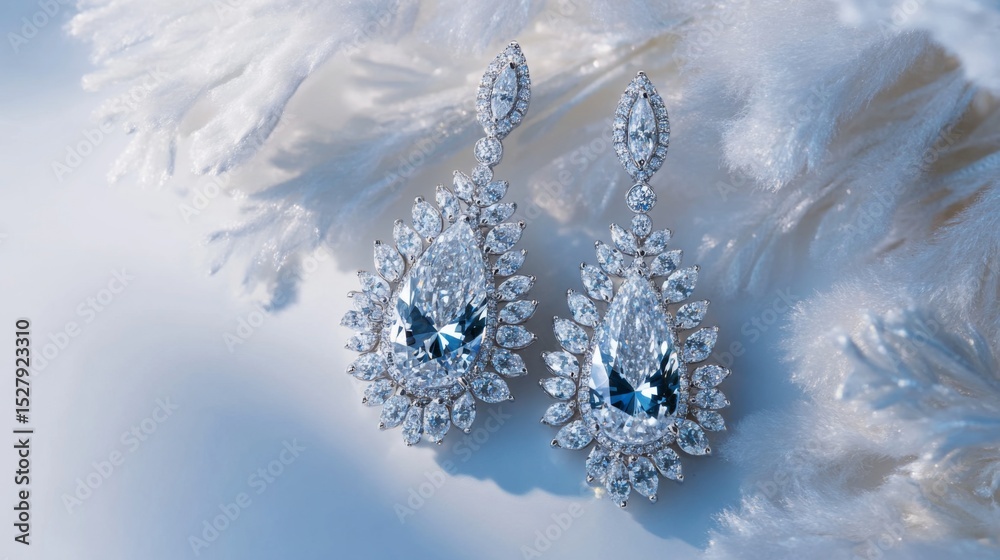 Poster Close-up of intricate diamond drop earrings resting on a white background, highlighting the sparkling gems and delicate craftsmanship.