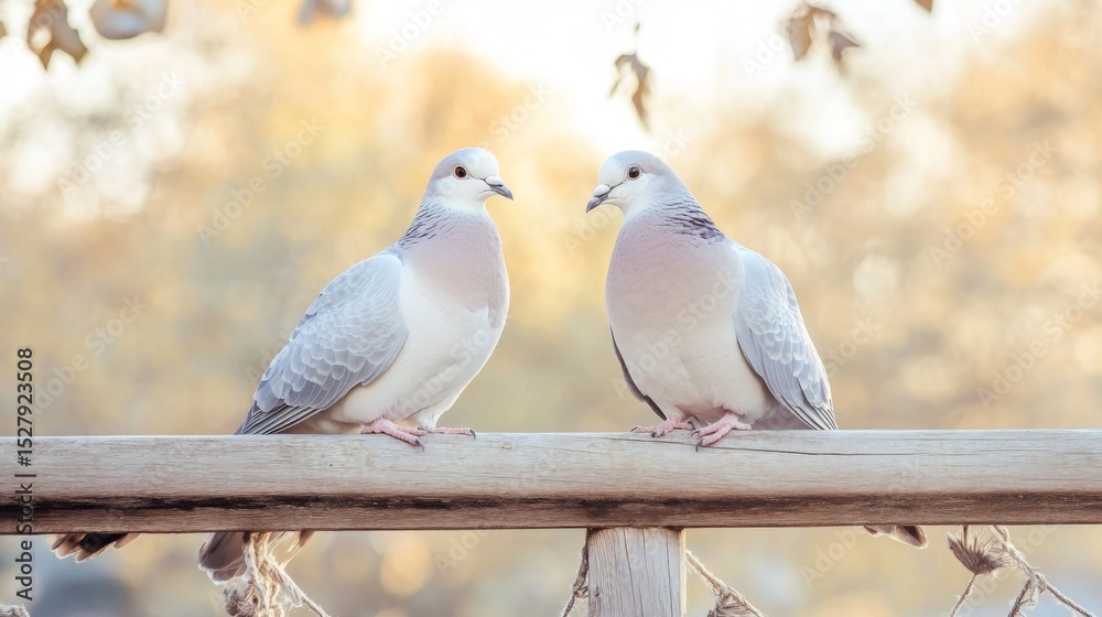 Poster close-up of two doves sitting side by side on a wooden fence, feathers soft and delicate, conveying 