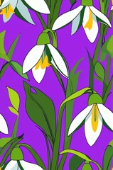 Snowdrops on purple background cartoonish seamless pattern