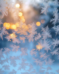 Close-up of frost crystals on a window with blurred warm lights in the background, illustrating winter and cold weather concepts.