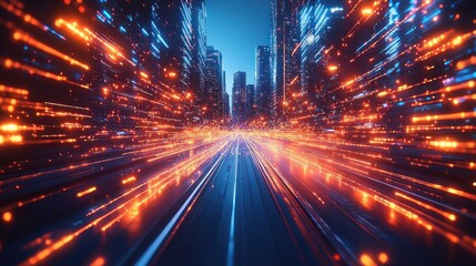 Fototapeta premium Futuristic city street with glowing lines and high speed motion blur.