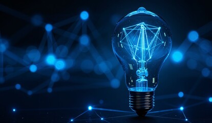Illuminated light bulb with internal network connections against a dark, digitally connected background
