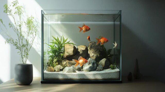 A glass tank contains five orange goldfish swimming among green plants and stones. It is placed on a table near a window with natural light filtering in.