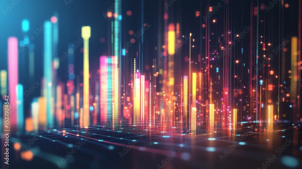 Leinwandbilder Futuristic D bar graph with glowing edges and a rotating effect, showcasing data in an engaging way on a dark background, perfect for tech-related concepts.