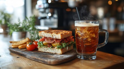 Closeup Of A Delicious Sandwich With Crispy Fries And Iced Tea On Wooden Board Food Photography With Props And Styling Elements For Cafe Or Restaurant Settings Featuring A Delicious Meal  With  Tasty