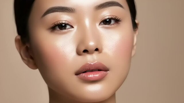 Close-Up Asian Beauty Portrait with Radiant Skin and Subtle Makeup Artistry Presentation