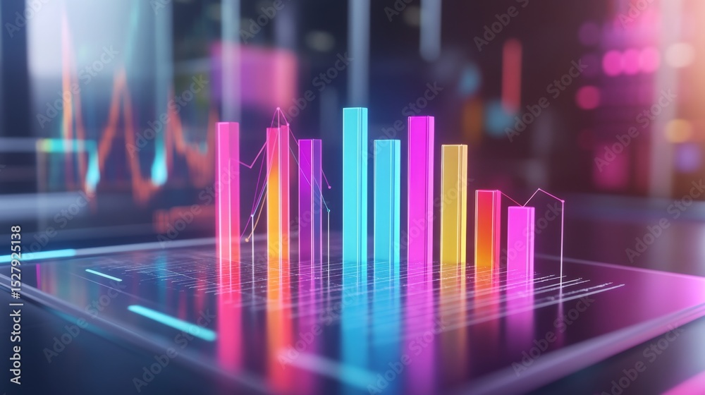 Poster Interactive D bar graph with dynamic colors and heights, positioned on a glass table, surrounded by digital interface elements, illustrating data trends.