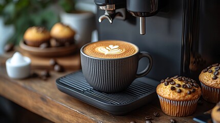 Dark Gray Mug Of Cappuccino With Latte Art On Wooden Table With Muffins And Cookies. Yummy Breakfast Time.  Close Up View.  Warm And Cozy.  Modern And Stylish. Gourmet Food.  Perfect Home Cafe Setup