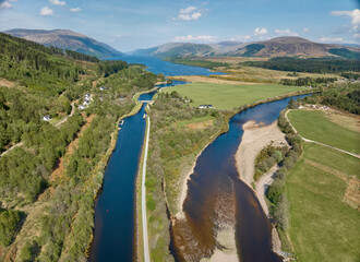 Obraz premium aerial view of a part of the caledonian canal near Fort William in Scotland, UK
