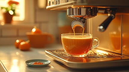 Espresso Brewing Process Golden Light Illuminates a Glass Cup Filling With Coffee From a Modern Machine Device  Brewing Process Detail Showing Coffee From A Modern Machine Pouring Coffee Into A Glass