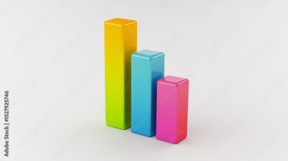 Poster Minimalistic bar chart with three-dimensional bars in various heights, set against a clean white background.